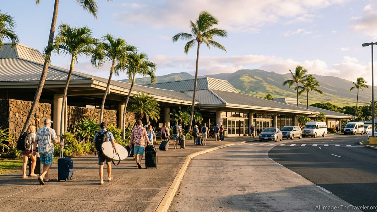 Travelers outside Kahului Airport on Maui at sunrise with palm trees and Haleakala in the background.