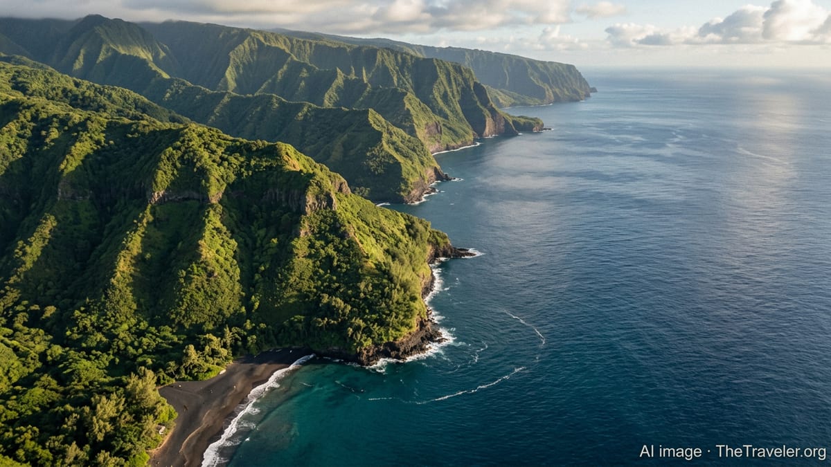 Aerial view of lush Hawaiian sea cliffs and a black sand beach at golden hour.