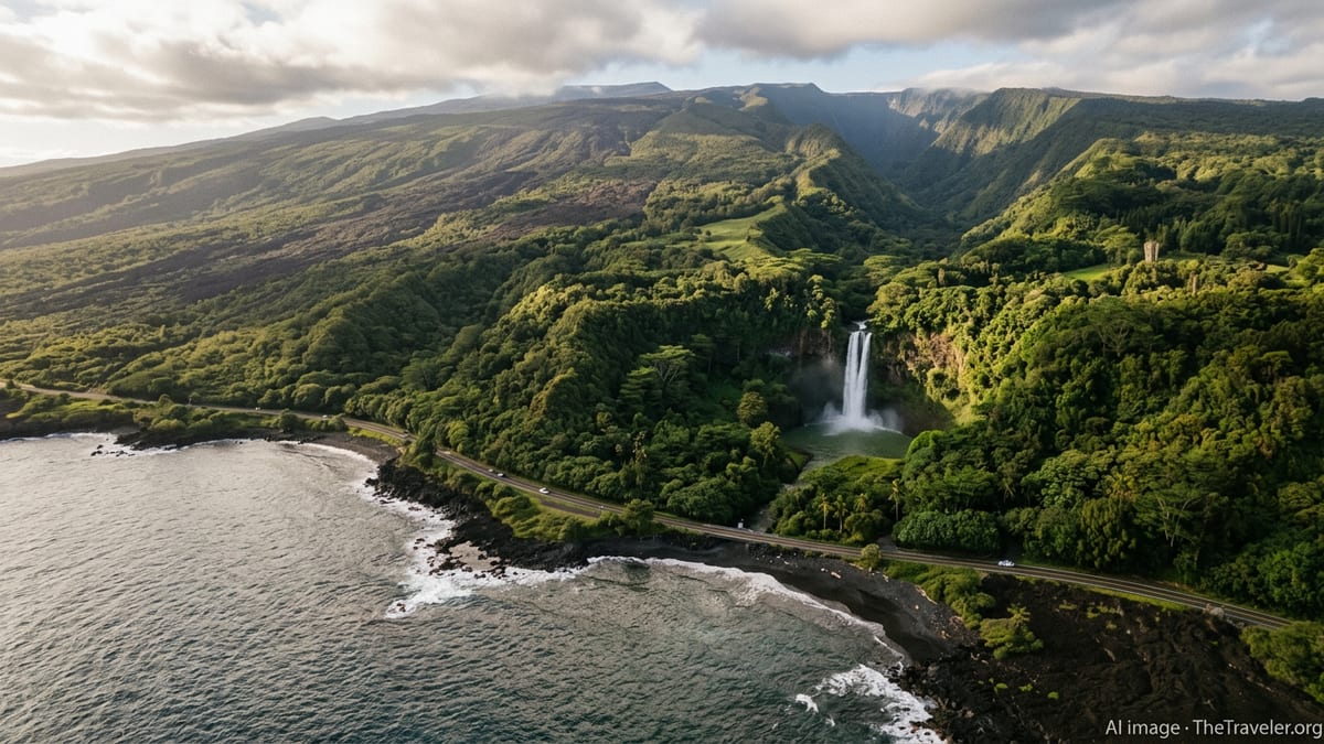 Aerial view of Hawaii coastline with waterfall, rainforest valleys and distant volcanic slopes at golden hour.