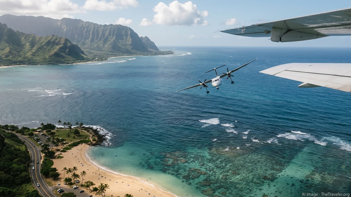 A small plane flies over Hawaii’s blue ocean toward a green island and sandy beach.