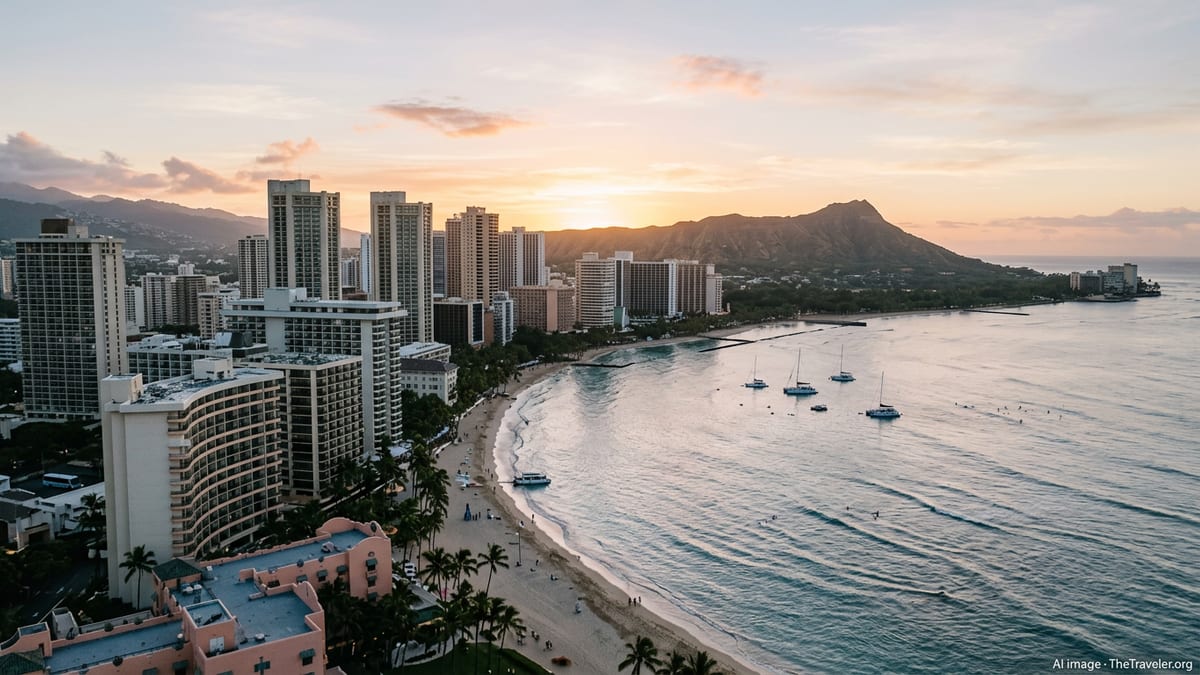 Sunrise over Waikiki Beach and Honolulu skyline with Diamond Head in the distance.