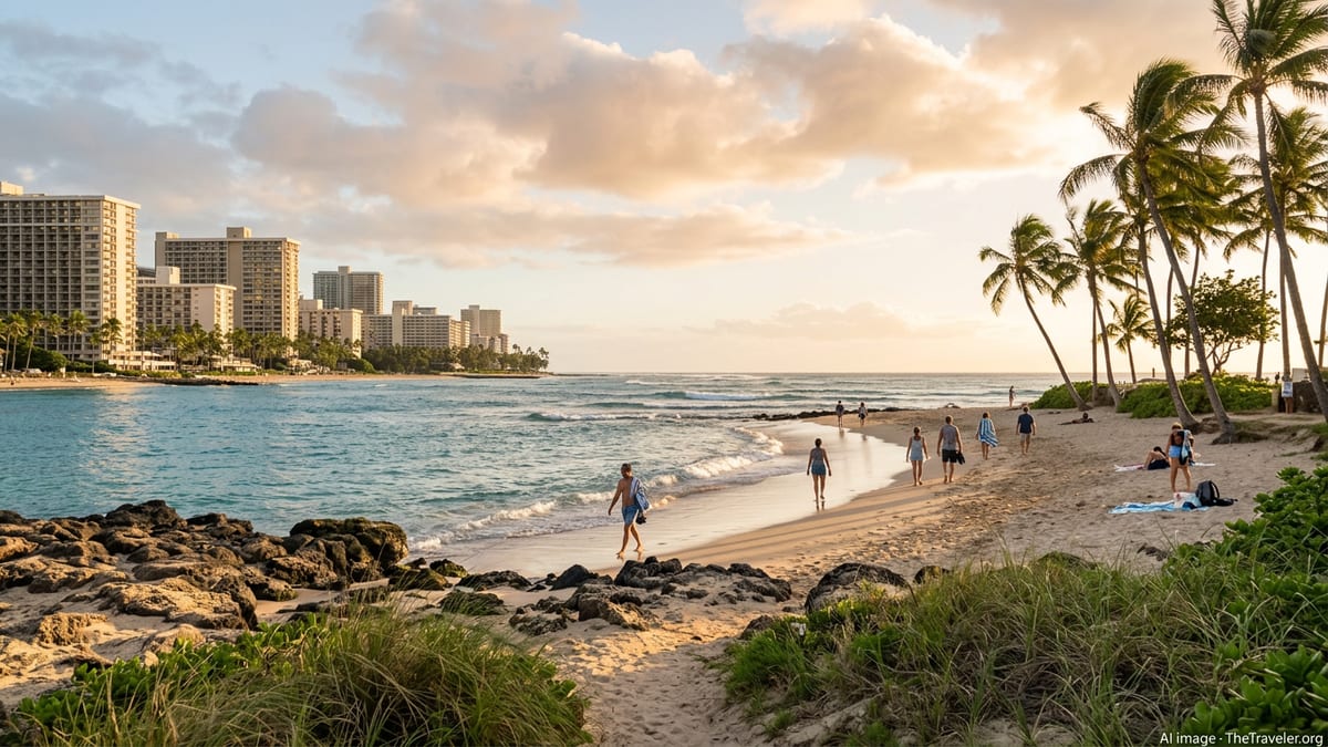Late afternoon view of a Hawaiian beach with palm trees, hotels and a few travelers walking along the shoreline.