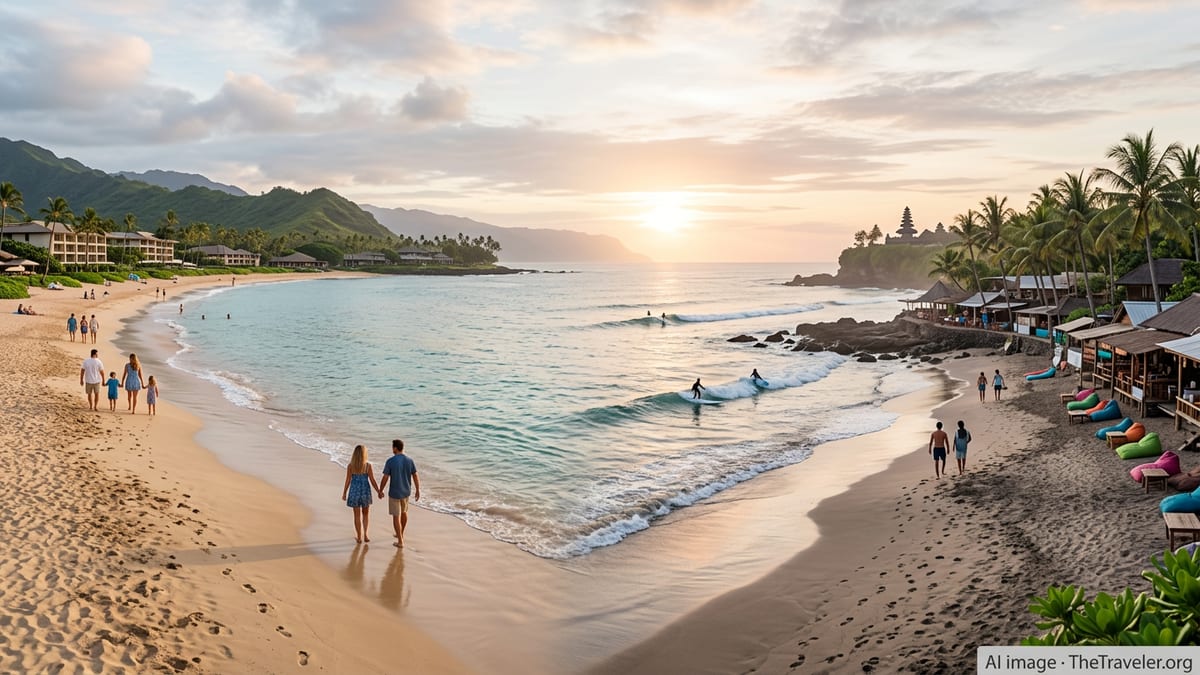 Golden hour panorama comparing a calm Hawaiian beach and a livelier Balinese surf shore.