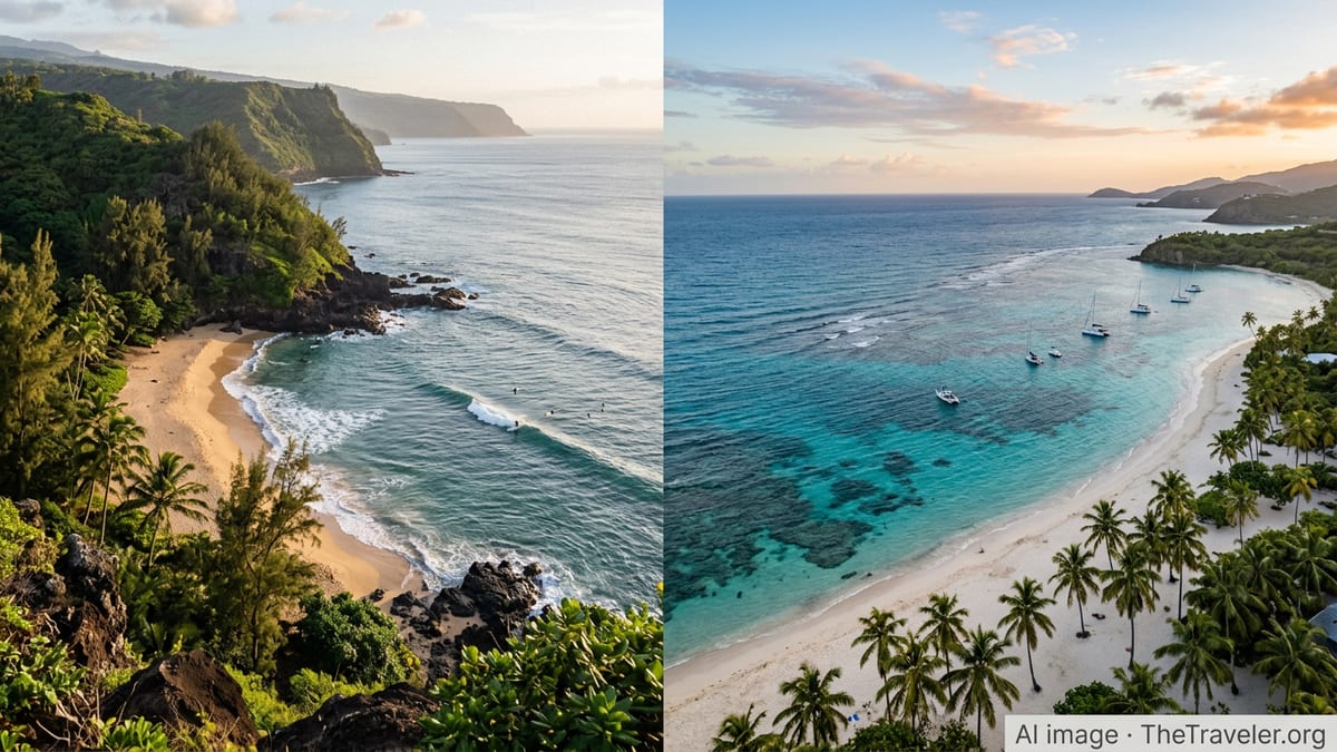 Aerial view contrasting a rugged Hawaiian coastline with a calm, white-sand Caribbean bay at sunset.