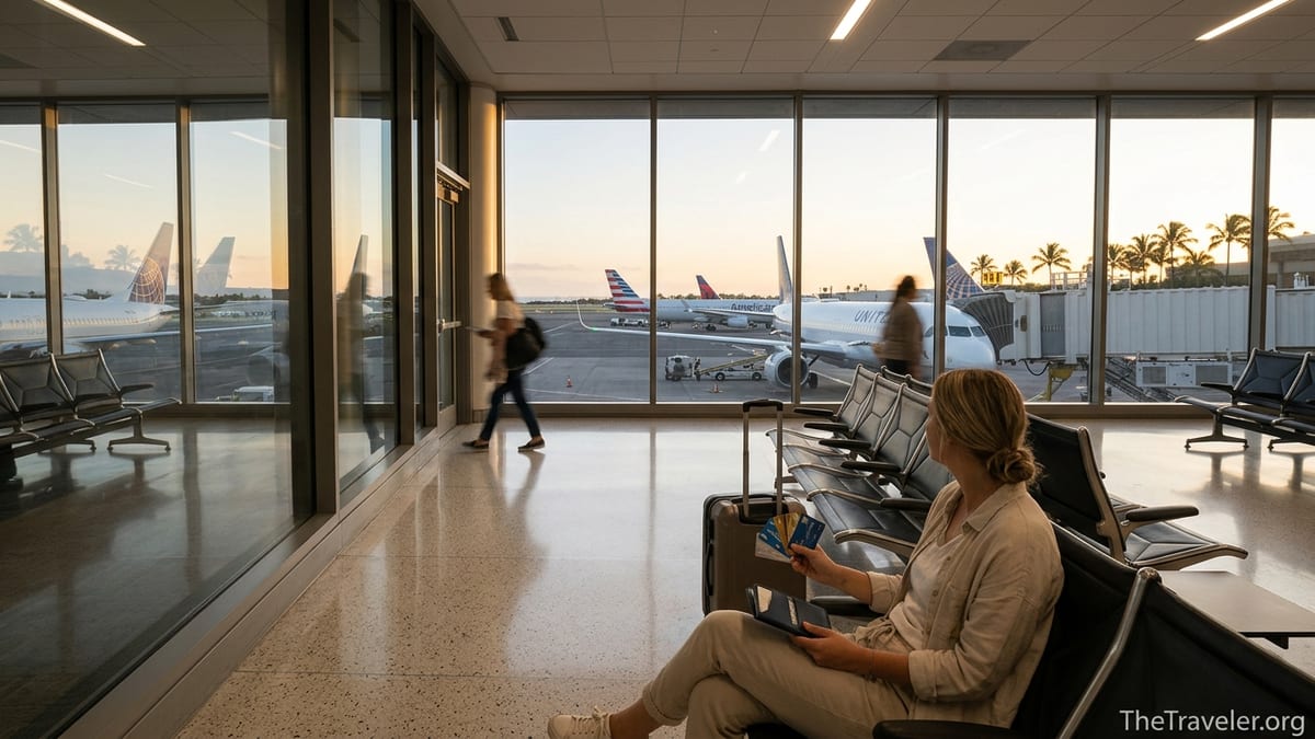 Traveler in an airport terminal comparing airline credit cards before a Hawaii flight.
