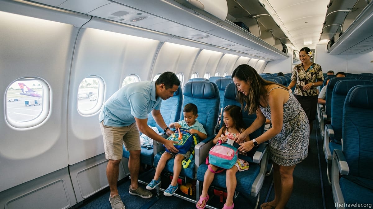 Family settling into Hawaiian Airlines economy seats on a daylight flight to Hawaii.