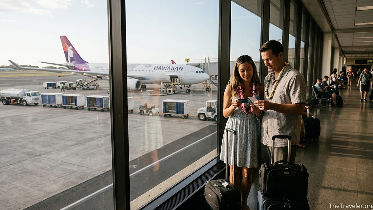 Travelers checking in at Honolulu airport using a Hawaiian Airlines credit card with suitcases at the counter.
