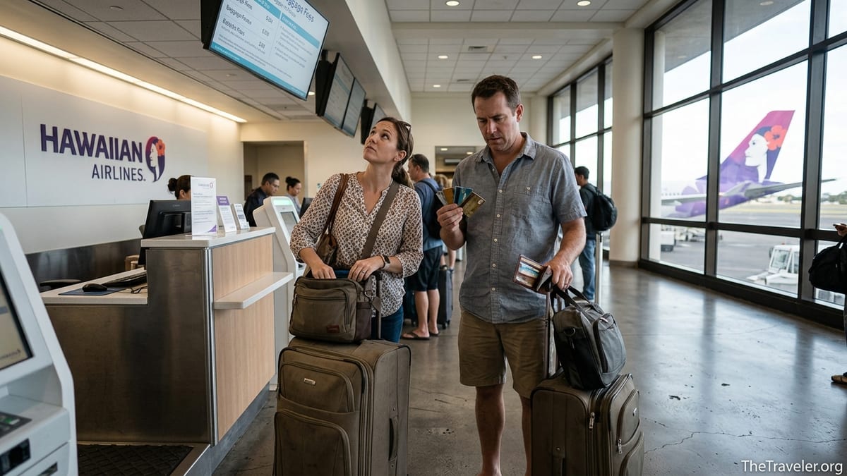 Travelers at a Hawaiian Airlines check in counter deciding which credit card to use.