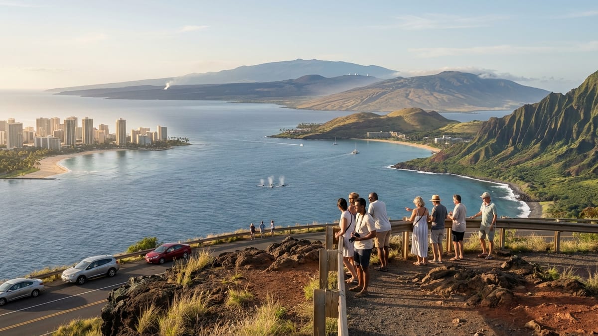 Panoramic view of Hawaiian Islands from a coastal overlook during golden hour.
