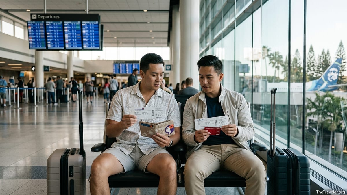 Two travelers at an airport compare Hawaiian and Alaska airline credit cards before a flight.