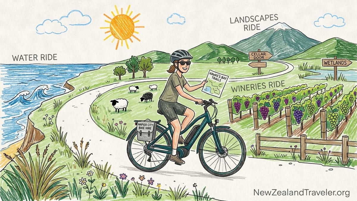 Cyclist with a step-through e-bike on a limestone trail beside Hawke’s Bay vineyards in late afternoon light.