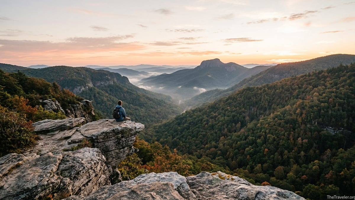 Hiker sits alone on Hawksbill Mountain at sunrise overlooking Linville Gorge.
