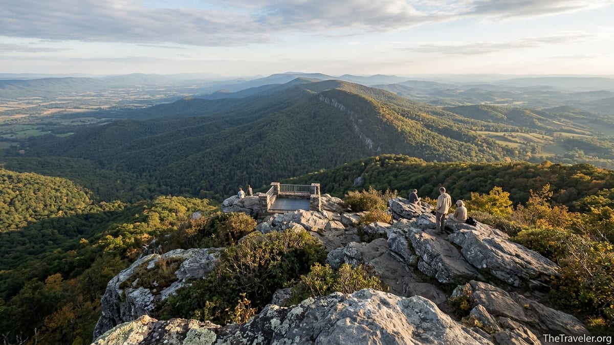 Panoramic sunset view from Hawksbill Mountain over the Shenandoah Valley and Blue Ridge ridges.