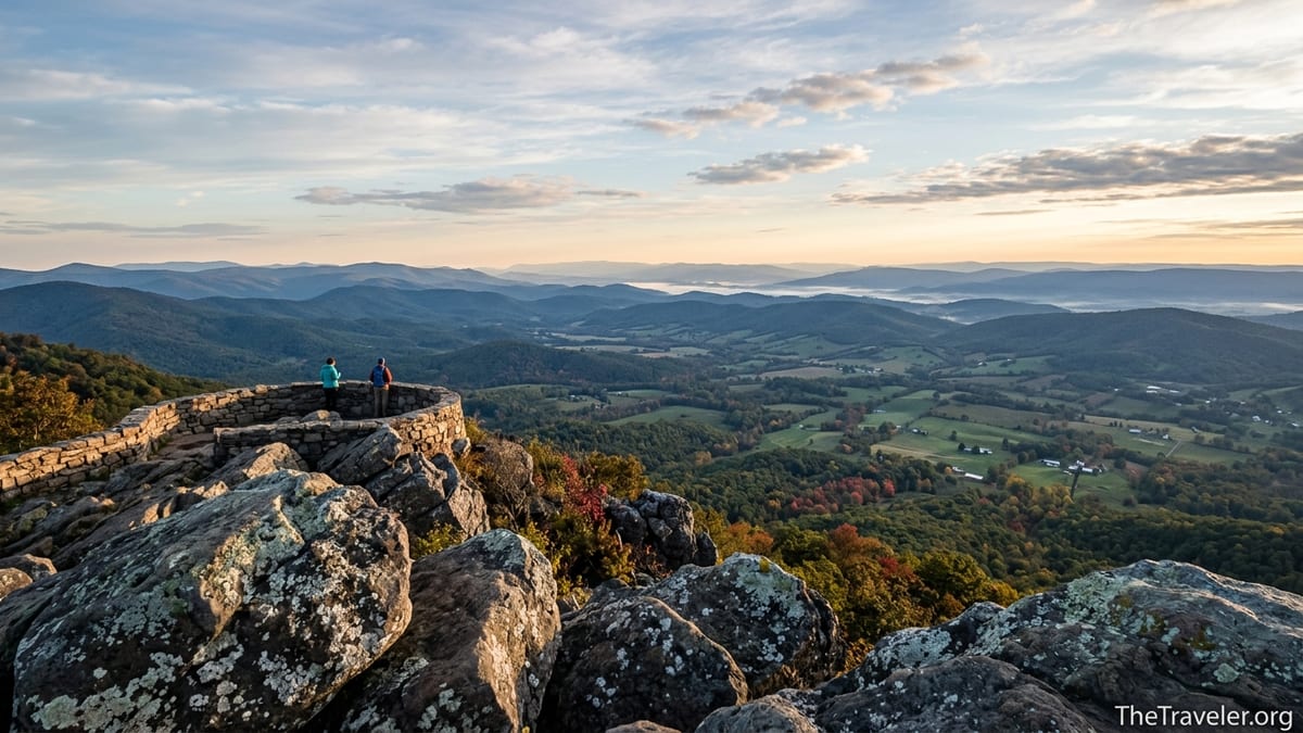 Sunrise view from Hawksbill Mountain summit overlooking Shenandoah Valley and Blue Ridge ridges in early autumn.