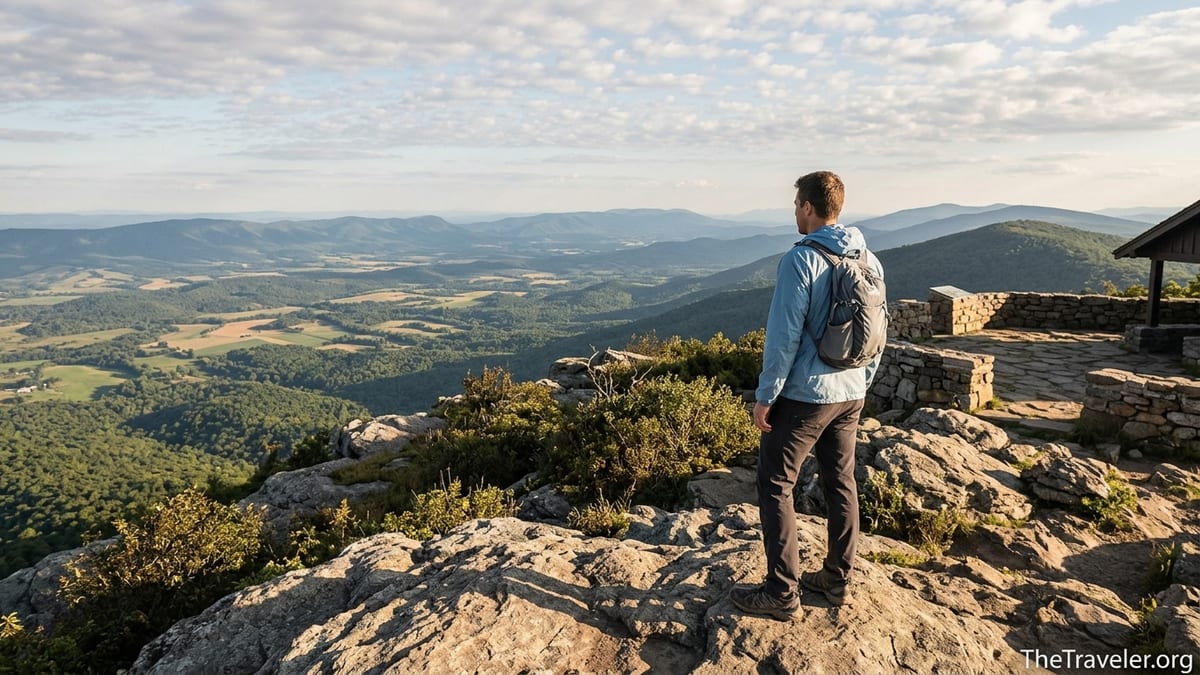 Hiker standing on Hawksbill summit overlooking Shenandoah Valley and Blue Ridge ridges.