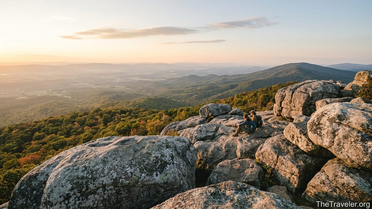 Sunrise view from Old Rag summit overlooking Blue Ridge ridges and forested valleys.