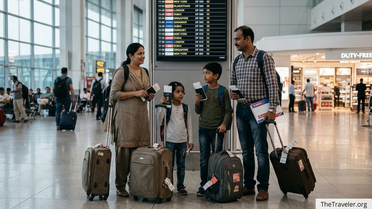Indian family with luggage checking documents at an international airport departures hall.