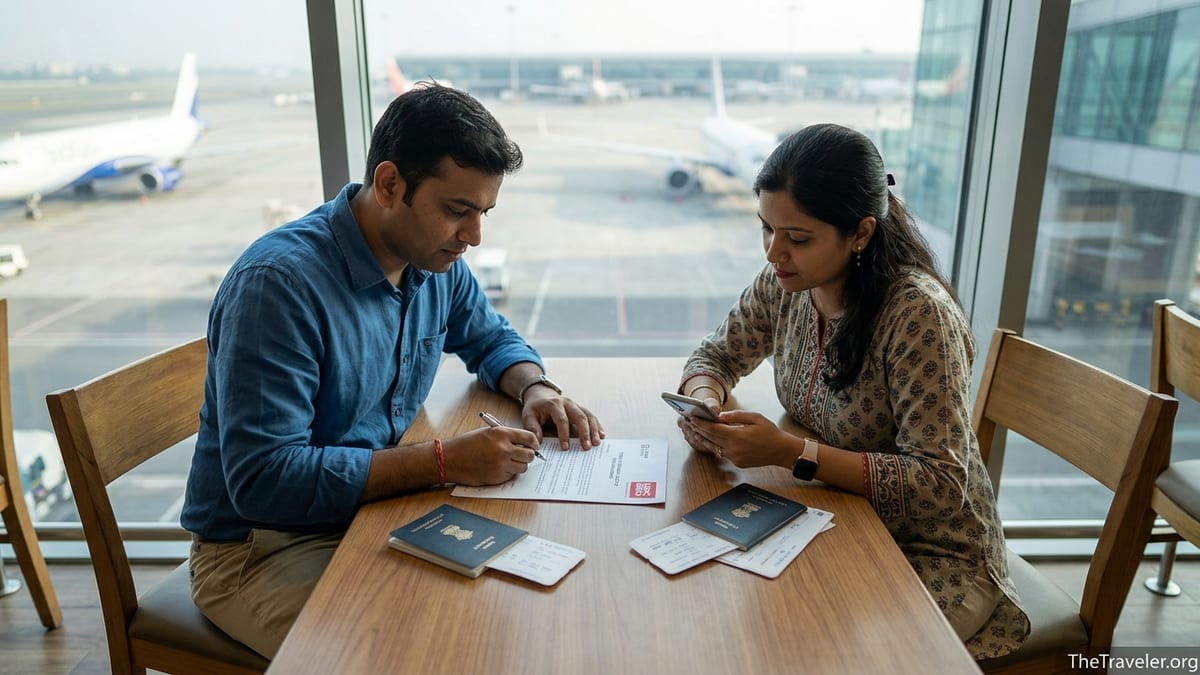 Indian travellers reviewing HDFC ERGO travel insurance documents at an airport table.
