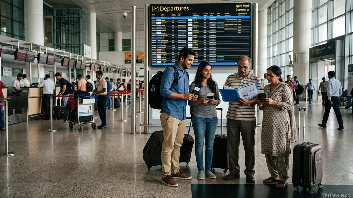 Indian travelers at an airport checking documents before an international trip