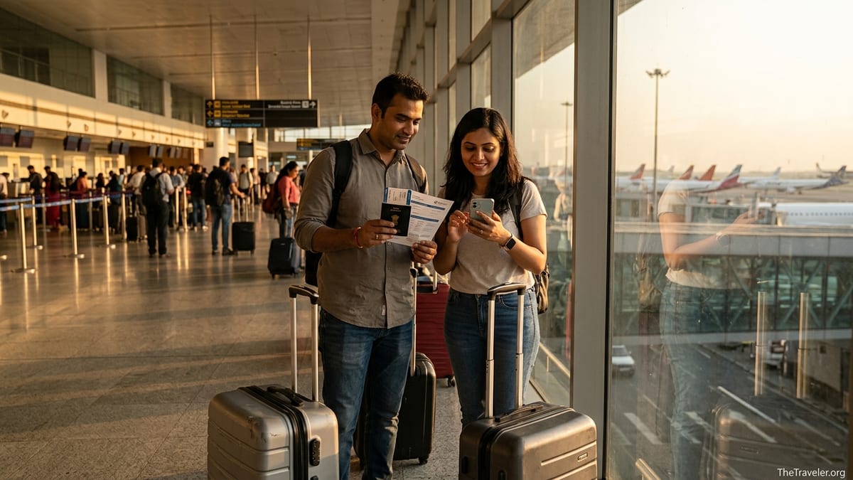 Indian couple at airport checking travel insurance documents before an international flight.
