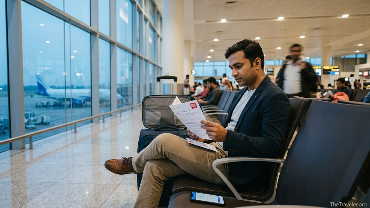 Traveler in an airport lounge reviewing travel insurance documents before an international flight.