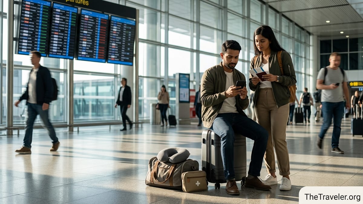 Indian couple reviewing travel insurance on phone at airport terminal