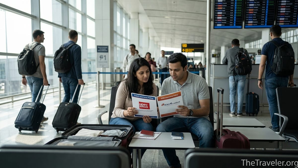 Indian couple at an airport gate comparing HDFC ERGO and ICICI Lombard travel insurance documents.