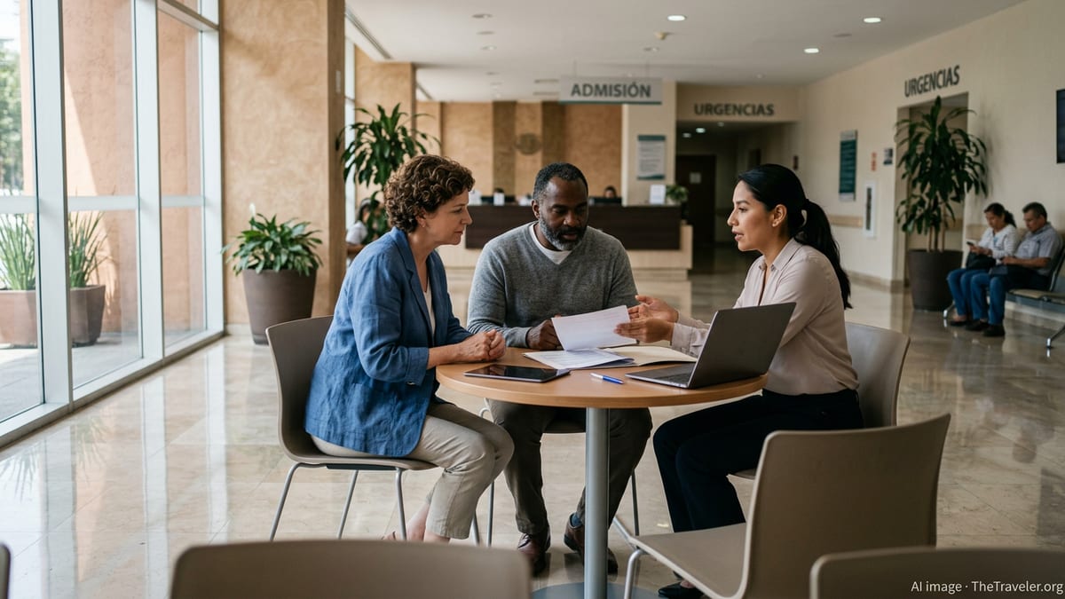Foreign couple in a Mexican hospital lobby reviewing health insurance options with a local advisor.