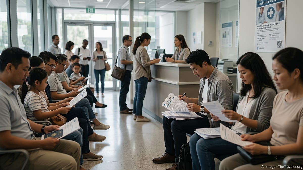 Applicants in an immigration office reviewing health insurance documents for residency.