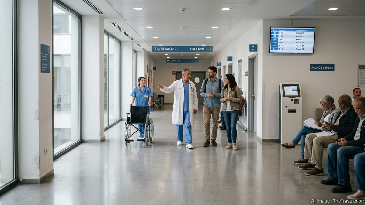 Patients and staff in a modern hospital corridor in Spain, illustrating healthcare setting