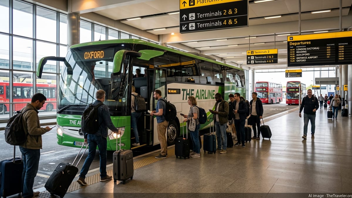Travelers boarding an airport coach at Heathrow Central Bus Station with luggage.