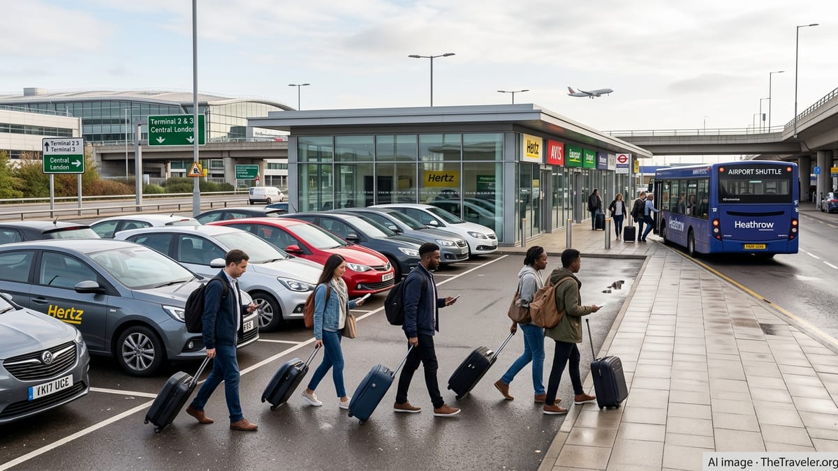 Travelers walking from shuttle bus to rental cars at Heathrow Airport car hire center.