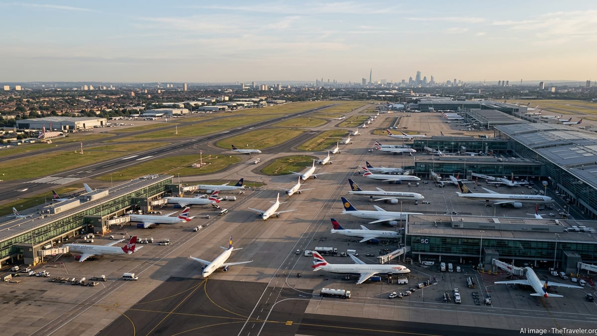 Aerial view of busy London Heathrow runways and terminals filled with aircraft at golden hour.