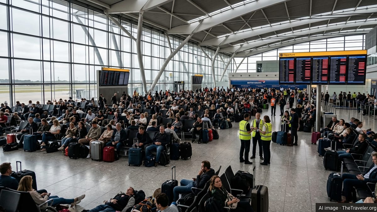Crowded Heathrow Terminal 5 with passengers waiting under departure boards showing many cancelled flights.