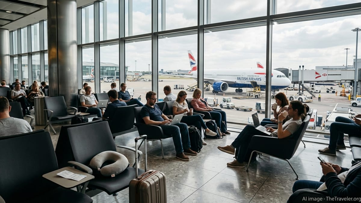 Travelers relaxing in seating area at Heathrow Terminal 5 with planes visible through large windows.