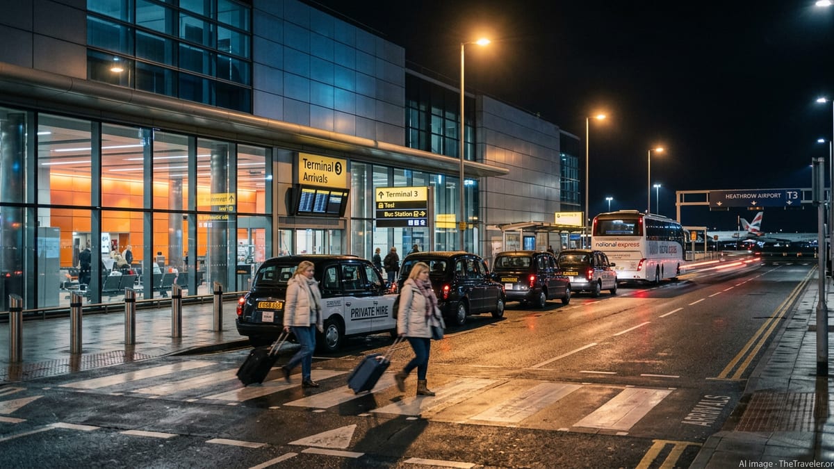 Nighttime view of Heathrow Airport arrivals with taxis, coach and travelers outside a brightly lit terminal.
