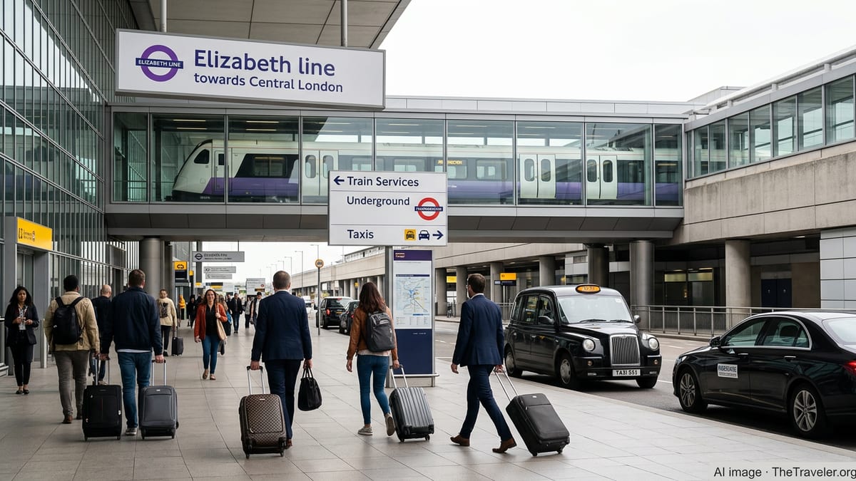 Travelers outside Heathrow terminal choosing train or taxi into central London