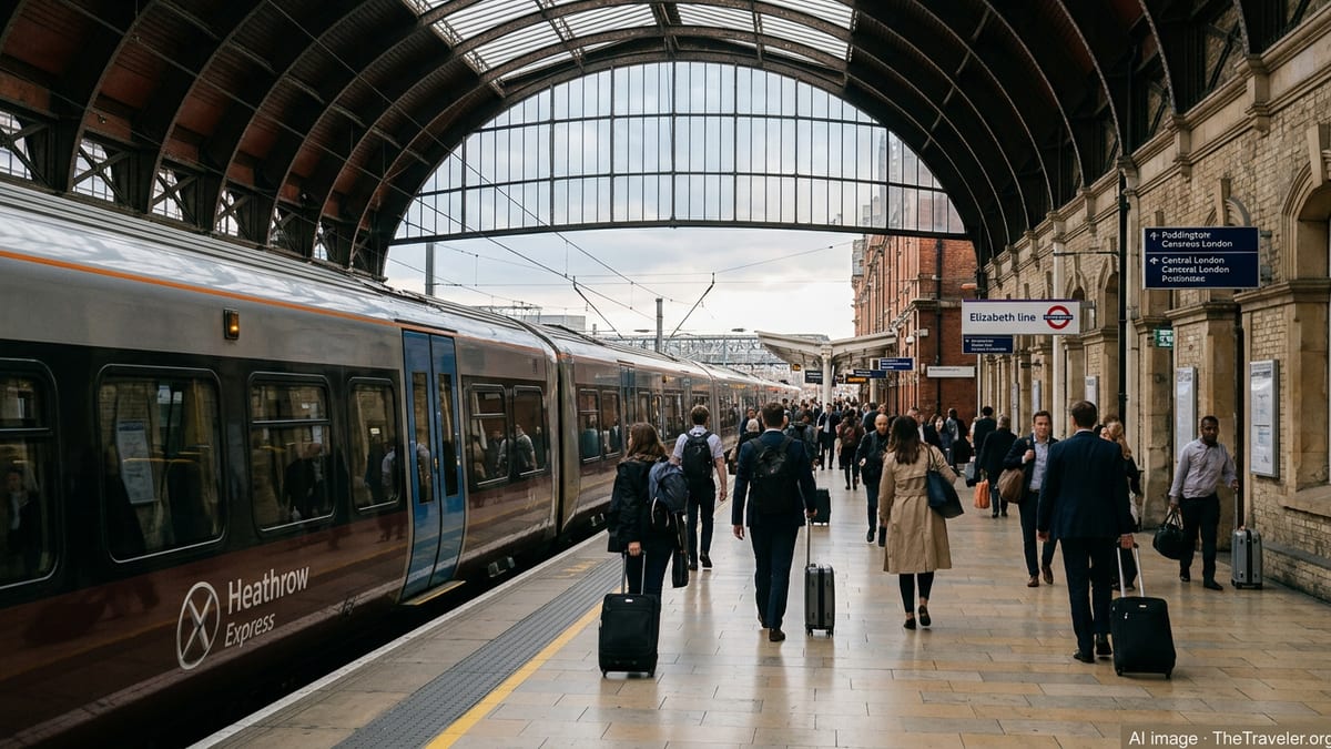 Passengers with luggage board a Heathrow Express train at London Paddington station.