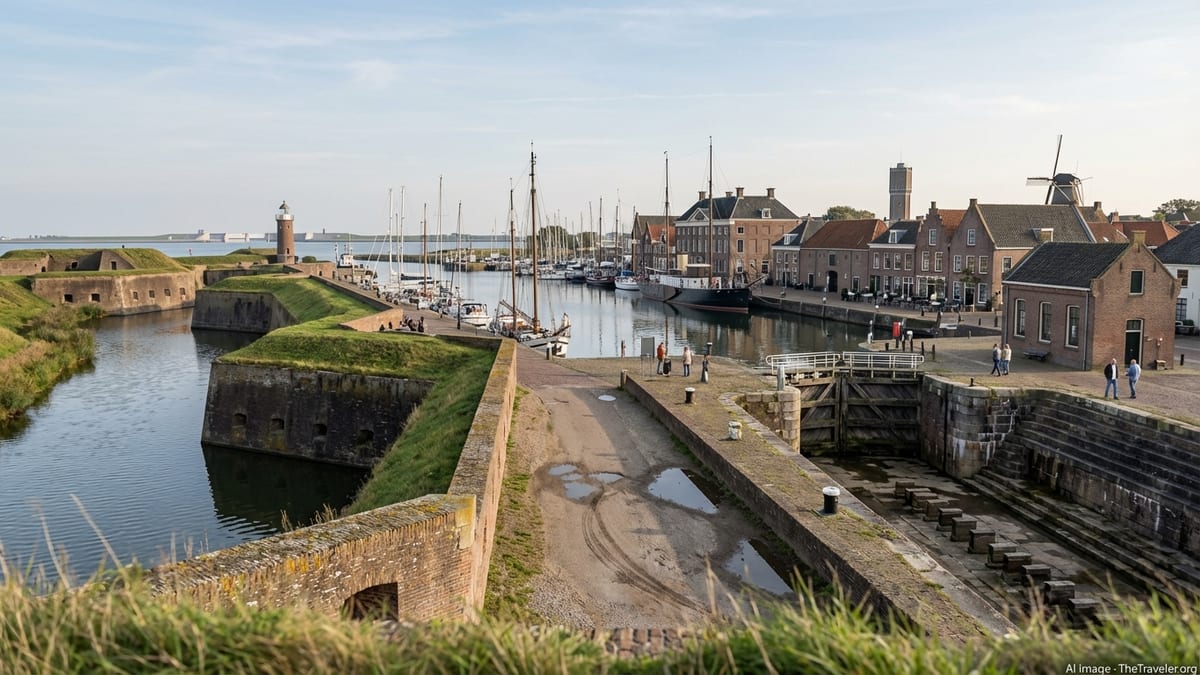 Late summer afternoon view of historic Hellevoetsluis harbour in the Netherlands.