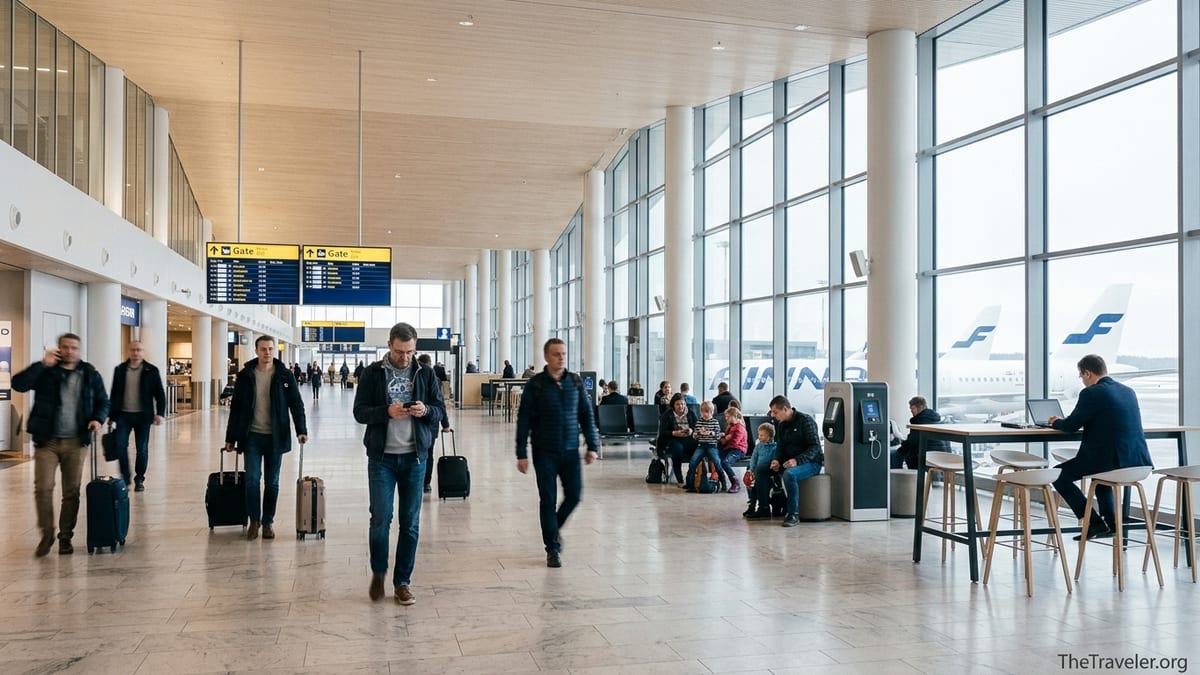 Passengers walking through the light filled main terminal hall of Helsinki Airport.