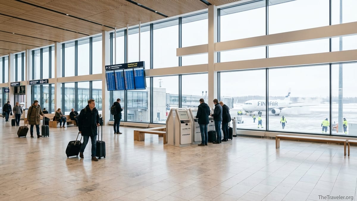 Passengers move through Helsinki Airport’s bright Nordic-style departures hall on a winter afternoon.