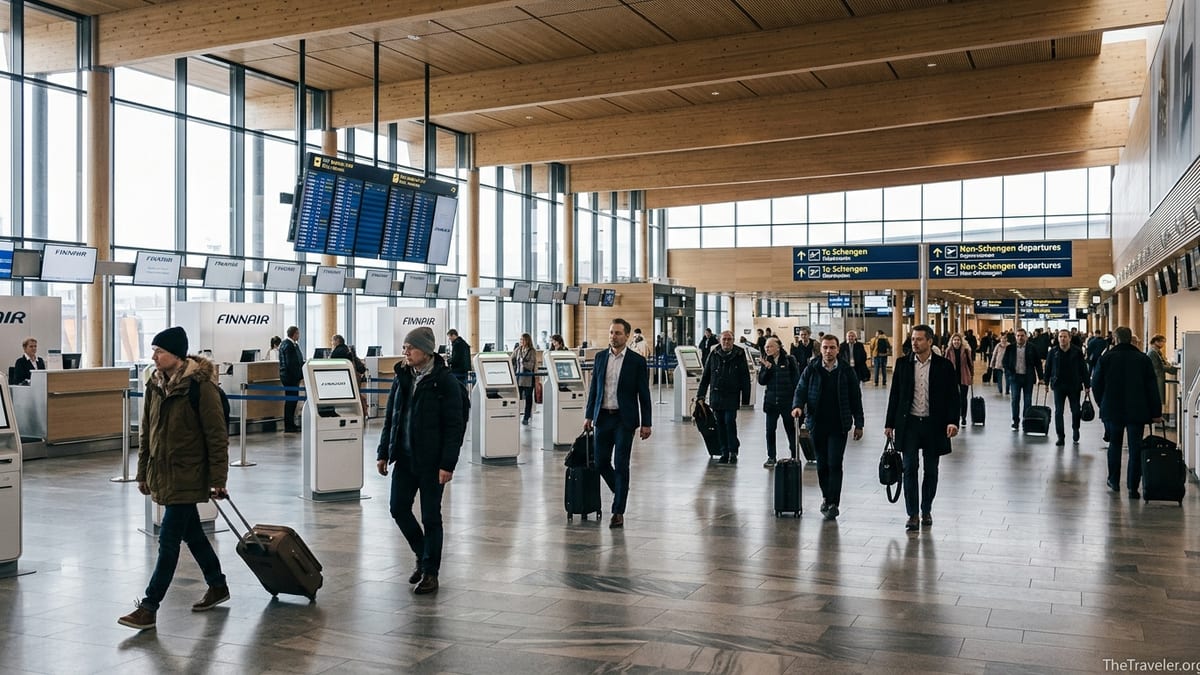 Travelers walk through Helsinki Airport’s spacious wooden-ceilinged departures hall with check-in kiosks and flight screens.