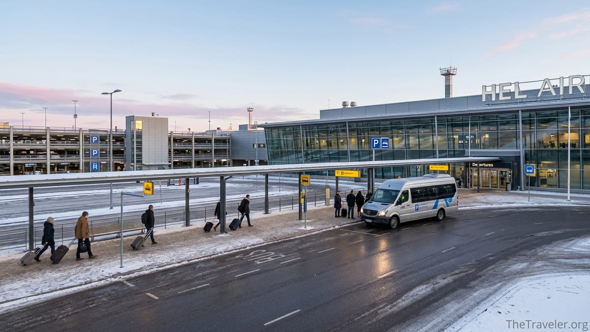 Travelers walking from parking garages and shuttle to Helsinki Airport terminal at dawn.