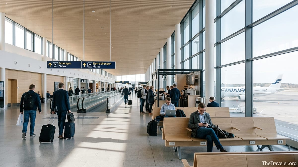 Travelers walking through a bright, spacious departures hall at Helsinki Airport with large windows and clear gate signs.