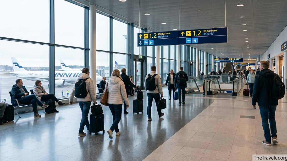 Passengers walking through Helsinki Airport terminal with planes visible outside large windows.