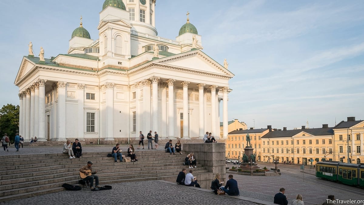 View from the steps of Helsinki Cathedral over Senate Square on a summer evening.