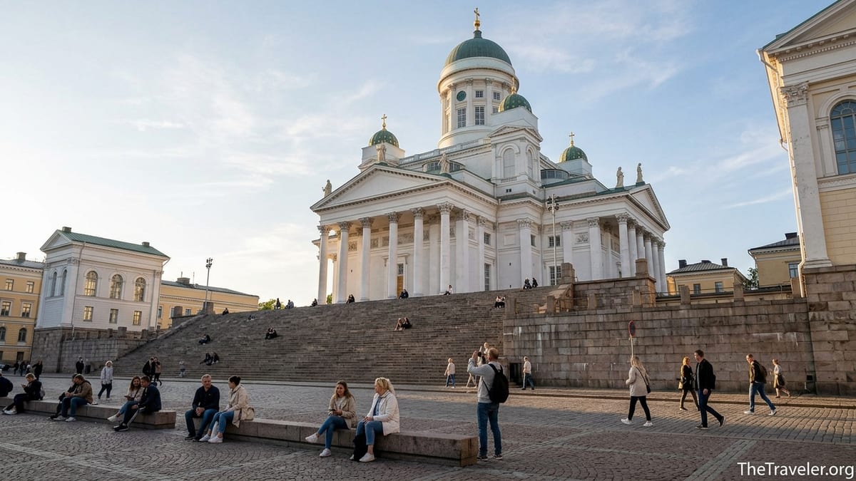 Helsinki Cathedral above Senate Square on a summer evening with people on the steps.