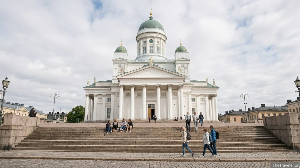 Visitors on the steps of Helsinki Cathedral overlooking Senate Square in summer.