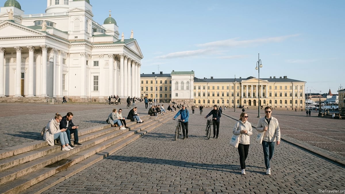 Helsinki Cathedral overlooking Senate Square with locals sitting on the steps on a sunny evening.