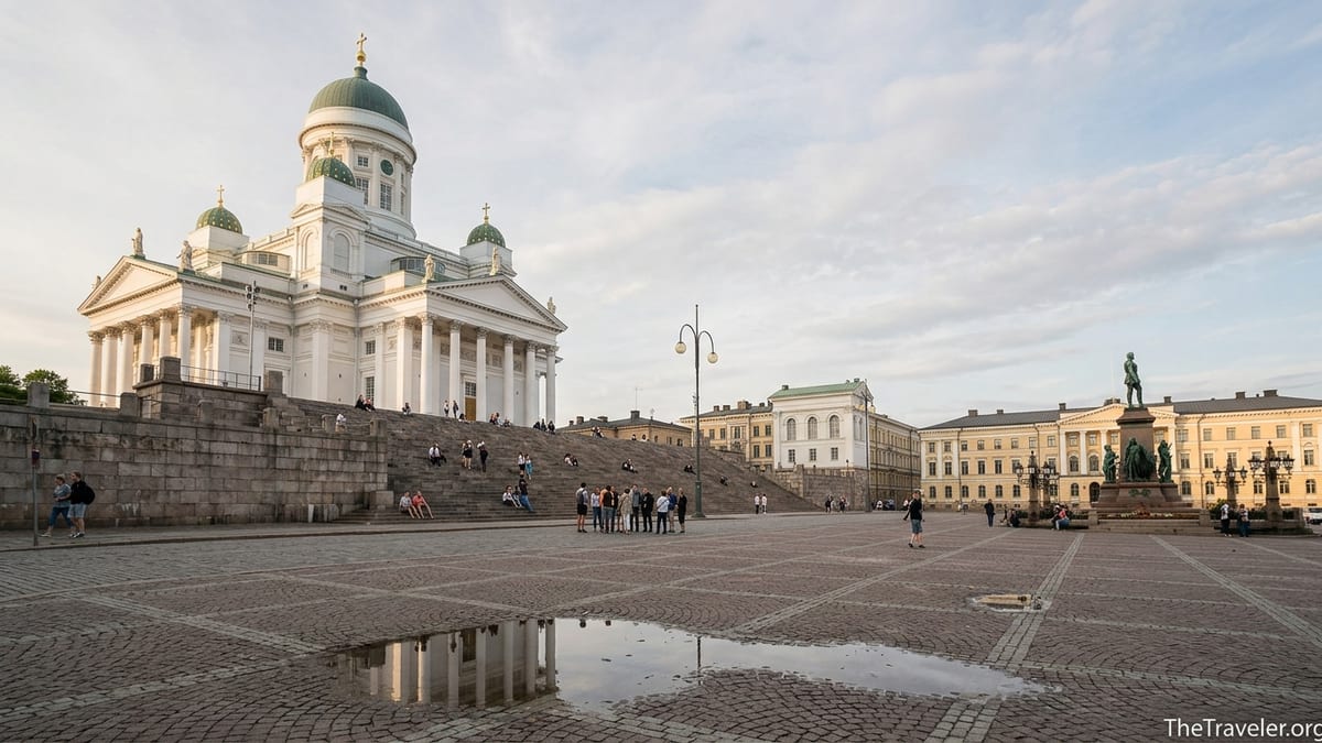 Visitors sit and walk on the steps of Helsinki Cathedral above Senate Square in soft evening light.